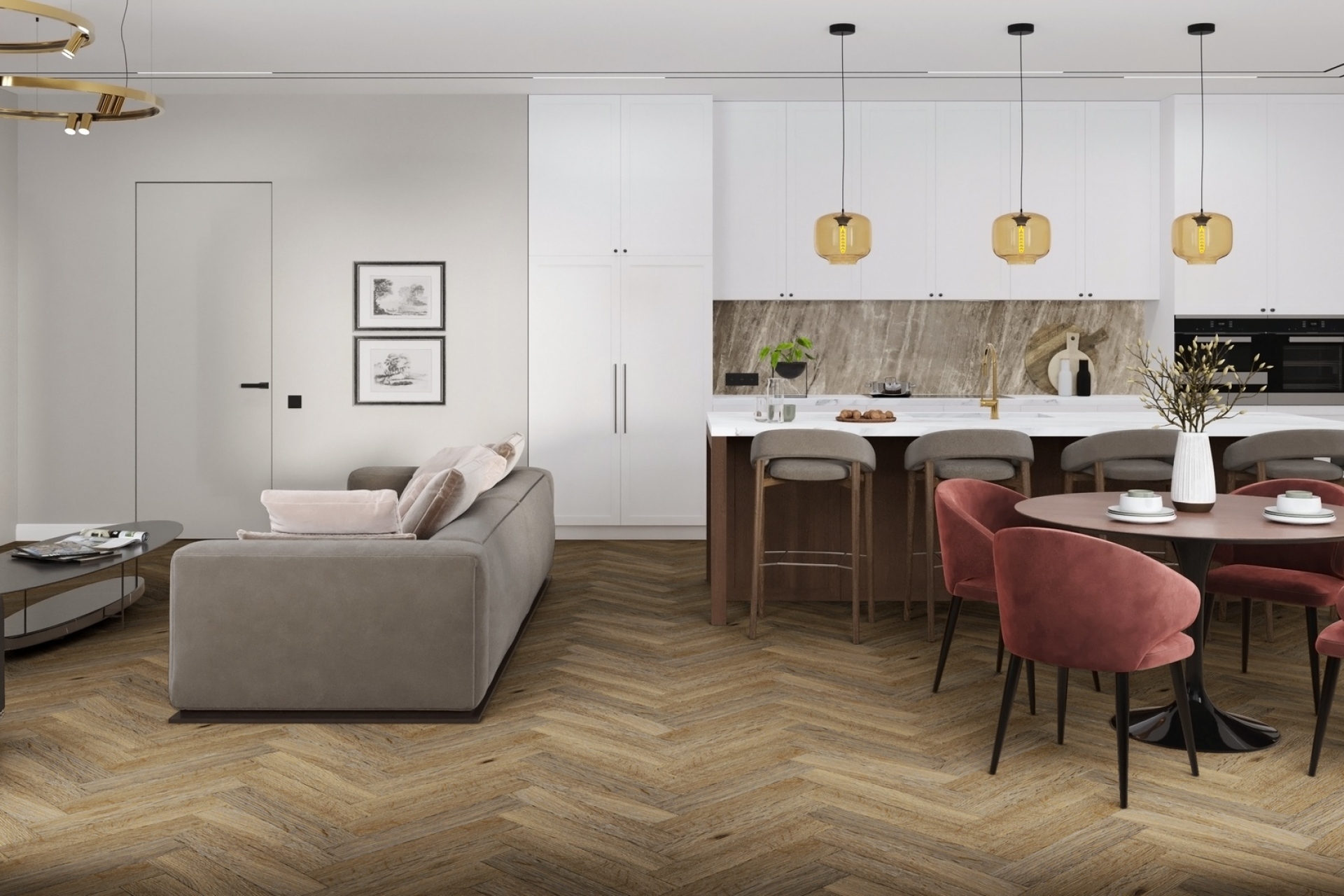 Кварцвиниловая плитка Damy Floor клеевая London LVT Ковентри Coventry 190707EL-01-LVT венгерская елка 590×118×2,5 фото в интерьере