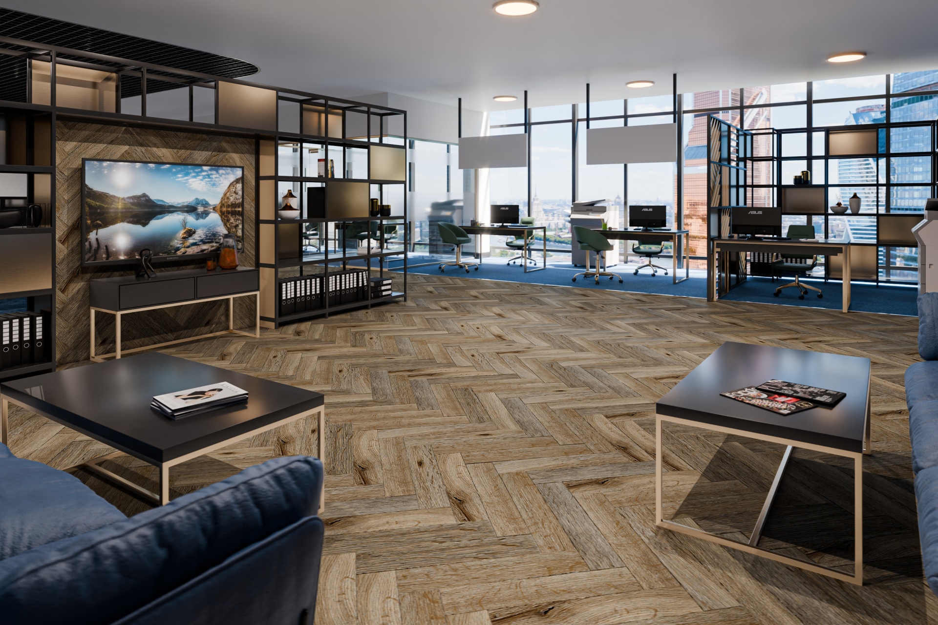 Кварцвиниловая плитка Damy Floor клеевая London LVT Ковентри Coventry 190707EL-01-LVT венгерская елка 590×118×2,5 фото в интерьере