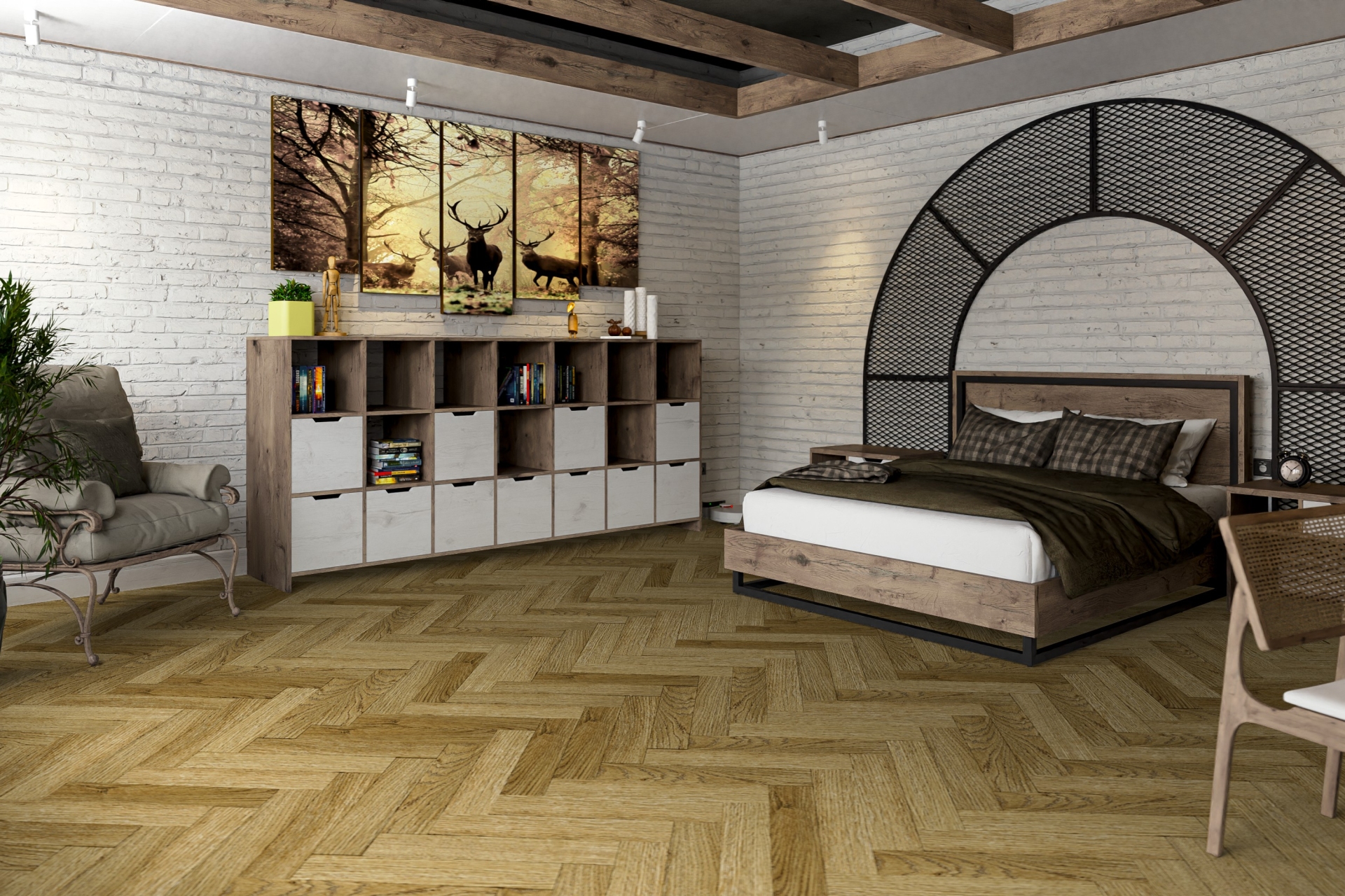 Кварцвиниловая плитка Damy Floor клеевая London LVT Шеффилд Sheffield 190902EL-07-LVT венгерская елка 590×118×2,5 фото в интерьере