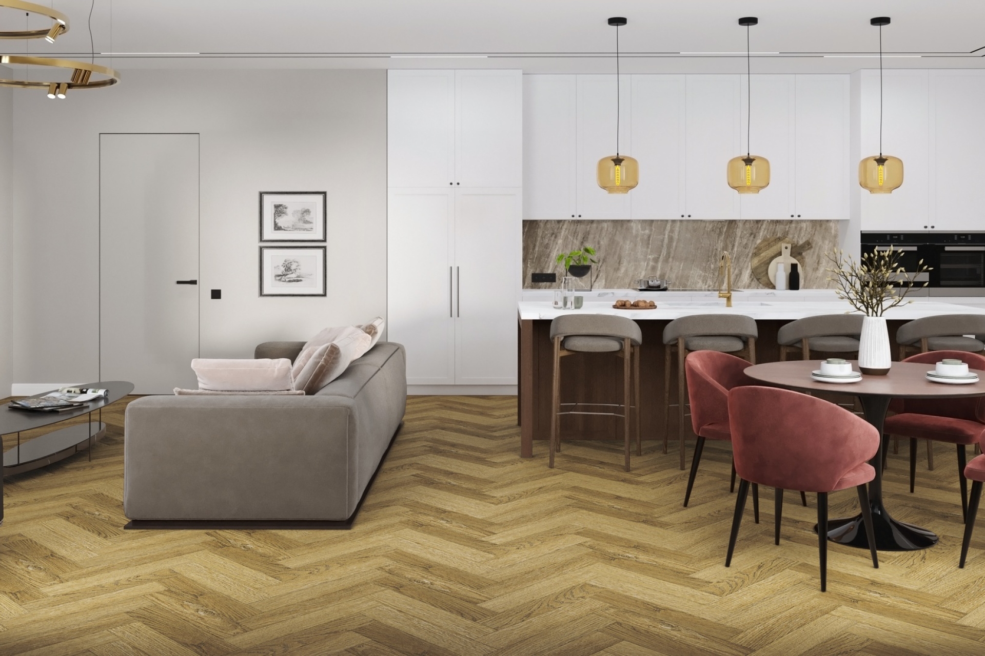 Кварцвиниловая плитка Damy Floor клеевая London LVT Шеффилд Sheffield 190902EL-07-LVT венгерская елка 590×118×2,5 фото в интерьере