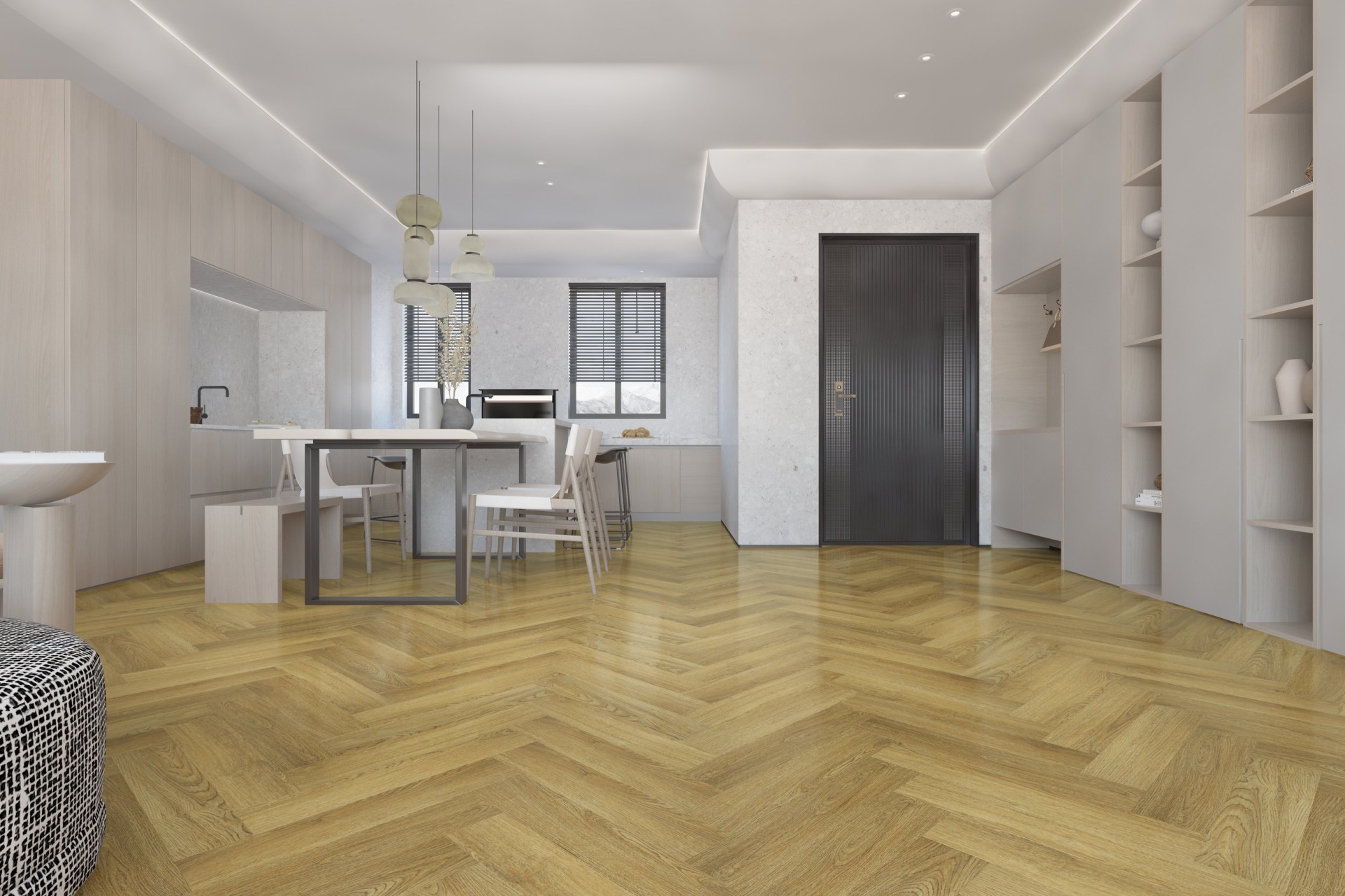 Кварцвиниловая плитка Damy Floor клеевая London LVT Шеффилд Sheffield 190902EL-07-LVT венгерская елка 590×118×2,5 фото в интерьере