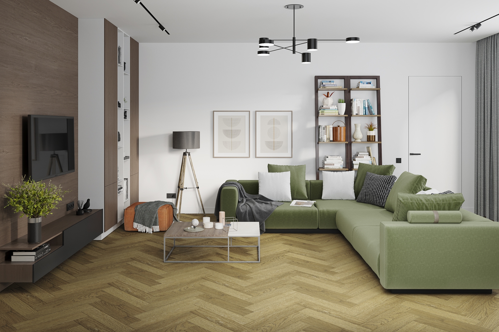 Кварцвиниловая плитка Damy Floor клеевая London LVT Шеффилд Sheffield 190902EL-07-LVT венгерская елка 590×118×2,5 фото в интерьере