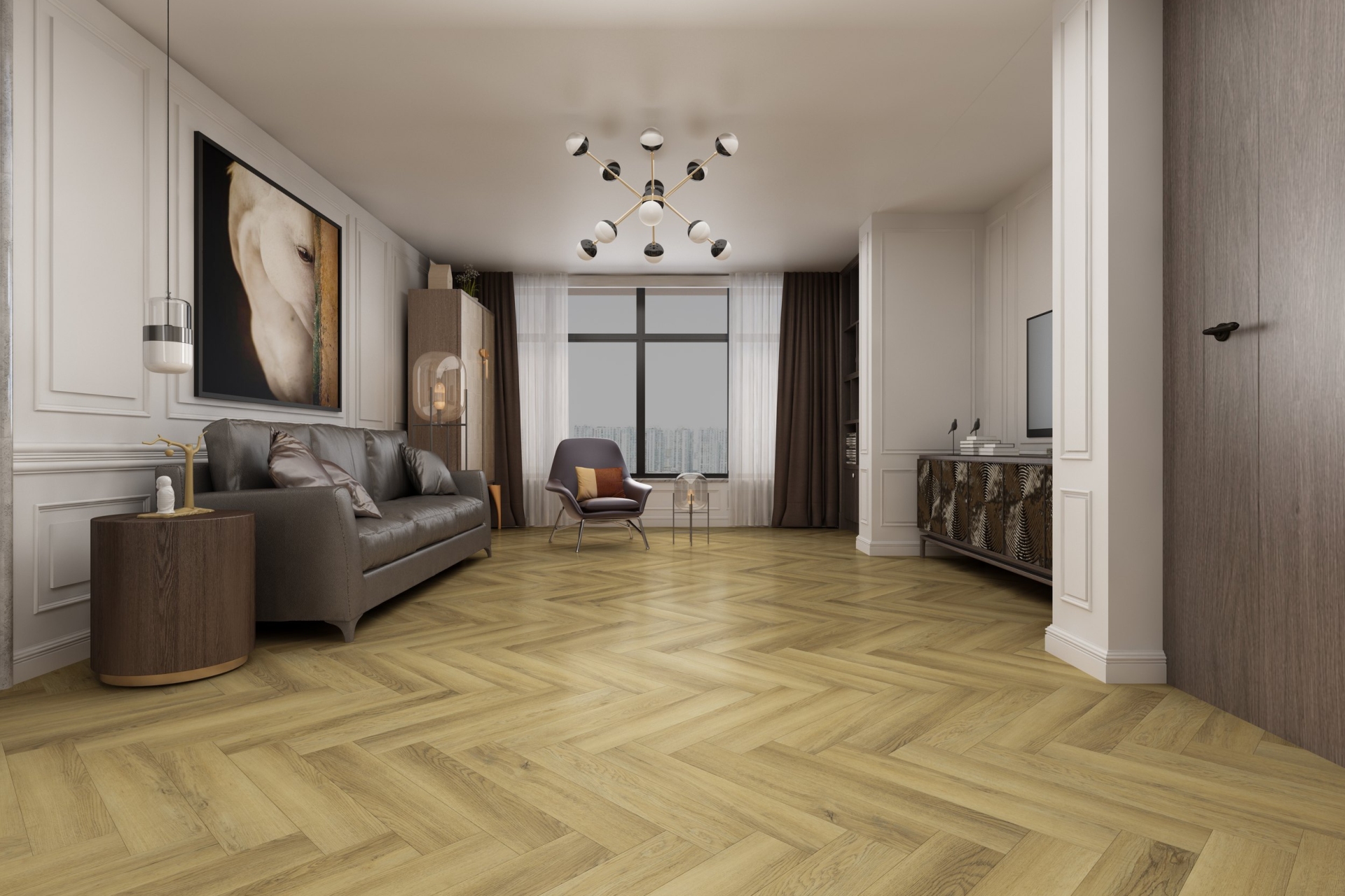 Кварцвиниловая плитка Damy Floor клеевая London LVT Кембридж Cambridge 200410EL-01-LVT венгерская елка 590×118×2,5 фото в интерьере