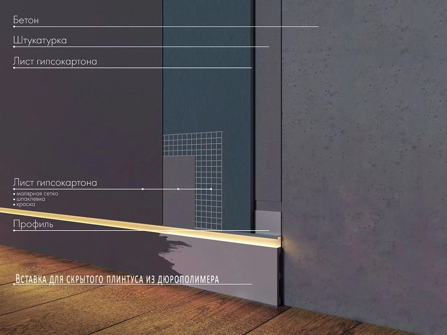 Вставка в скрытый плинтус под покраску гибкая Laconistiq 99-100-200 2000×100×13