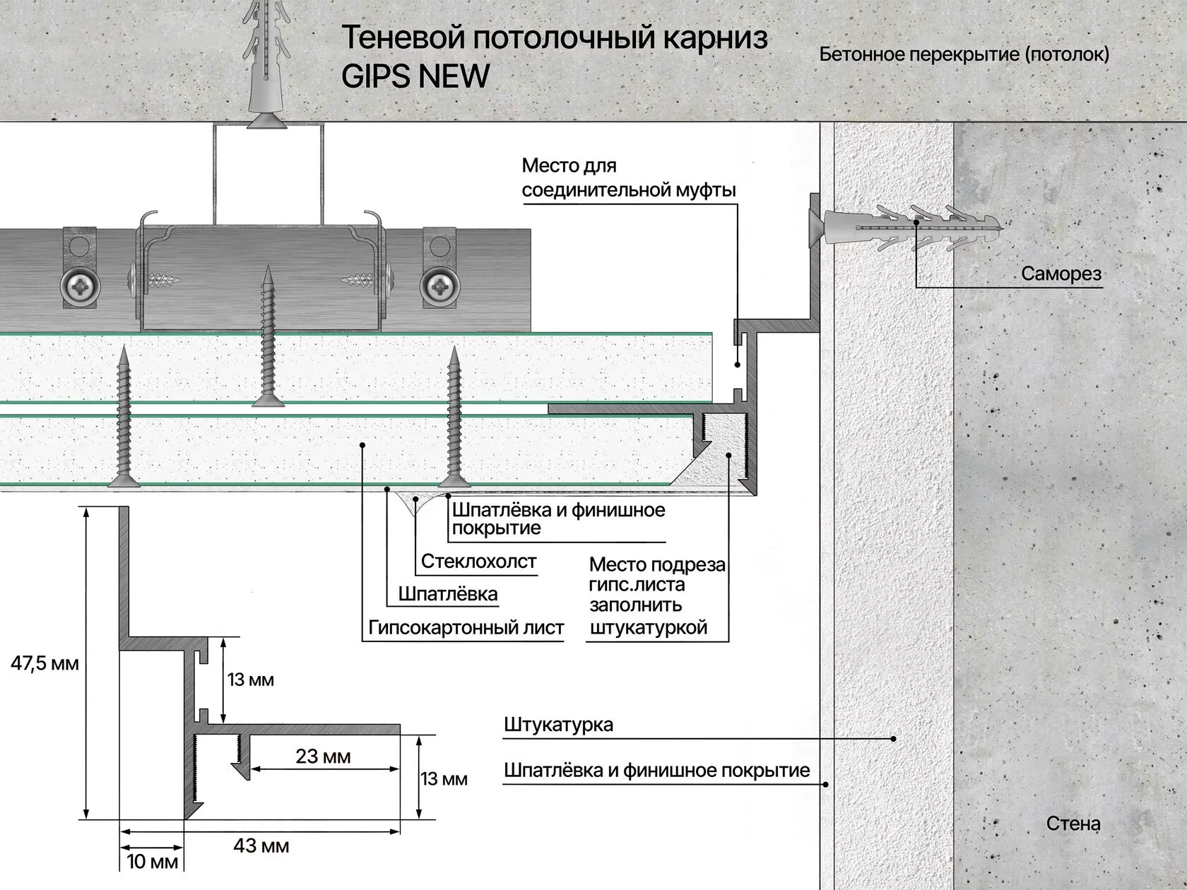 Профиль алюминиевый теневой Laconistiq Gips Regular Черный муар RAL 9005 53-31-300 3000×47,5×43