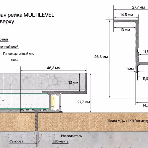 Профиль алюминиевый теневой с подсветкой Laconistiq Multilevel 25-100-300 без покрытия 3000×46,3×27,7