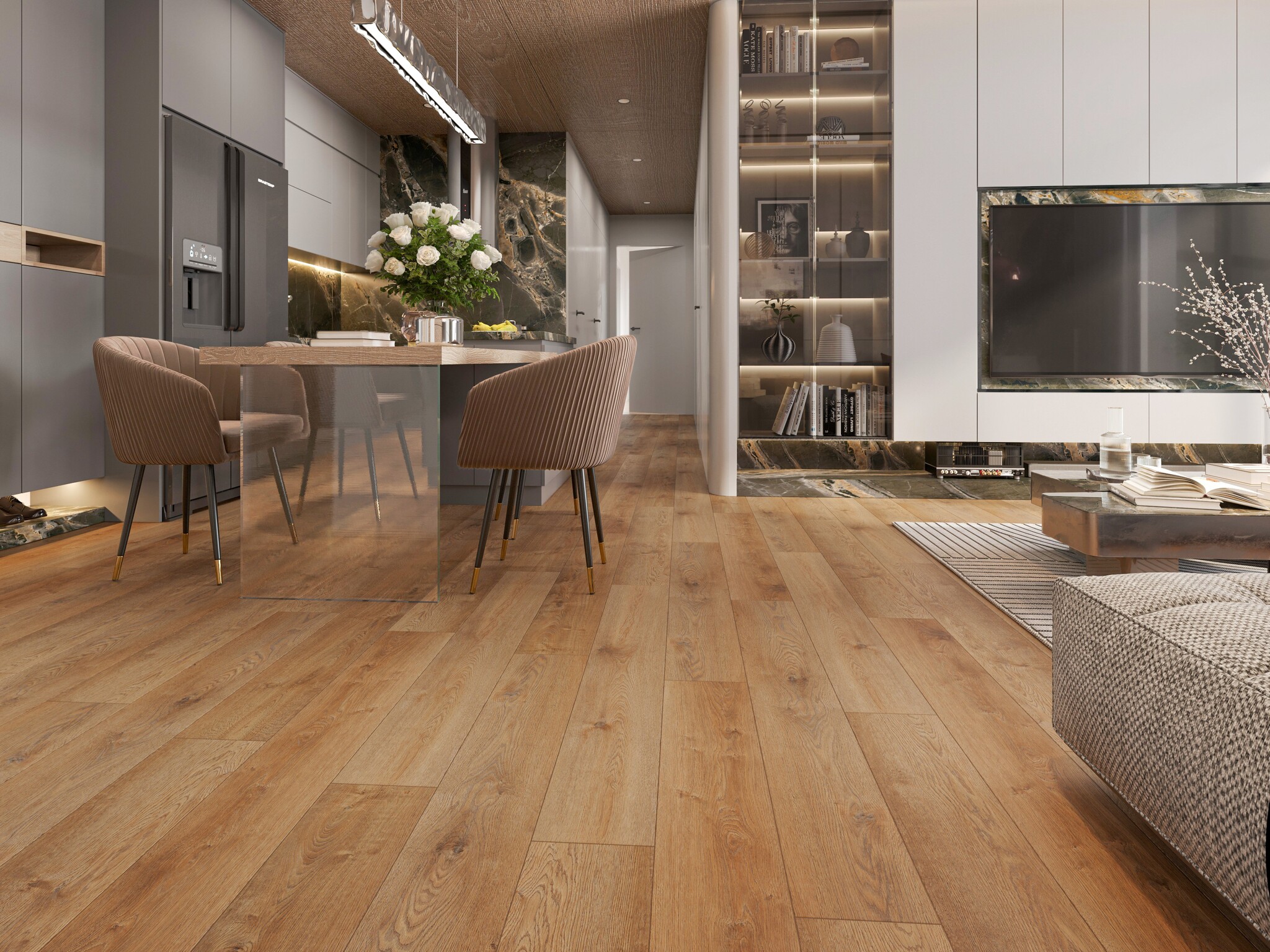 Кварцвиниловый SPC ламинат Evofloor Home Oak Brown Дуб Коричневый L-20243 1220×183×4 фото в интерьере