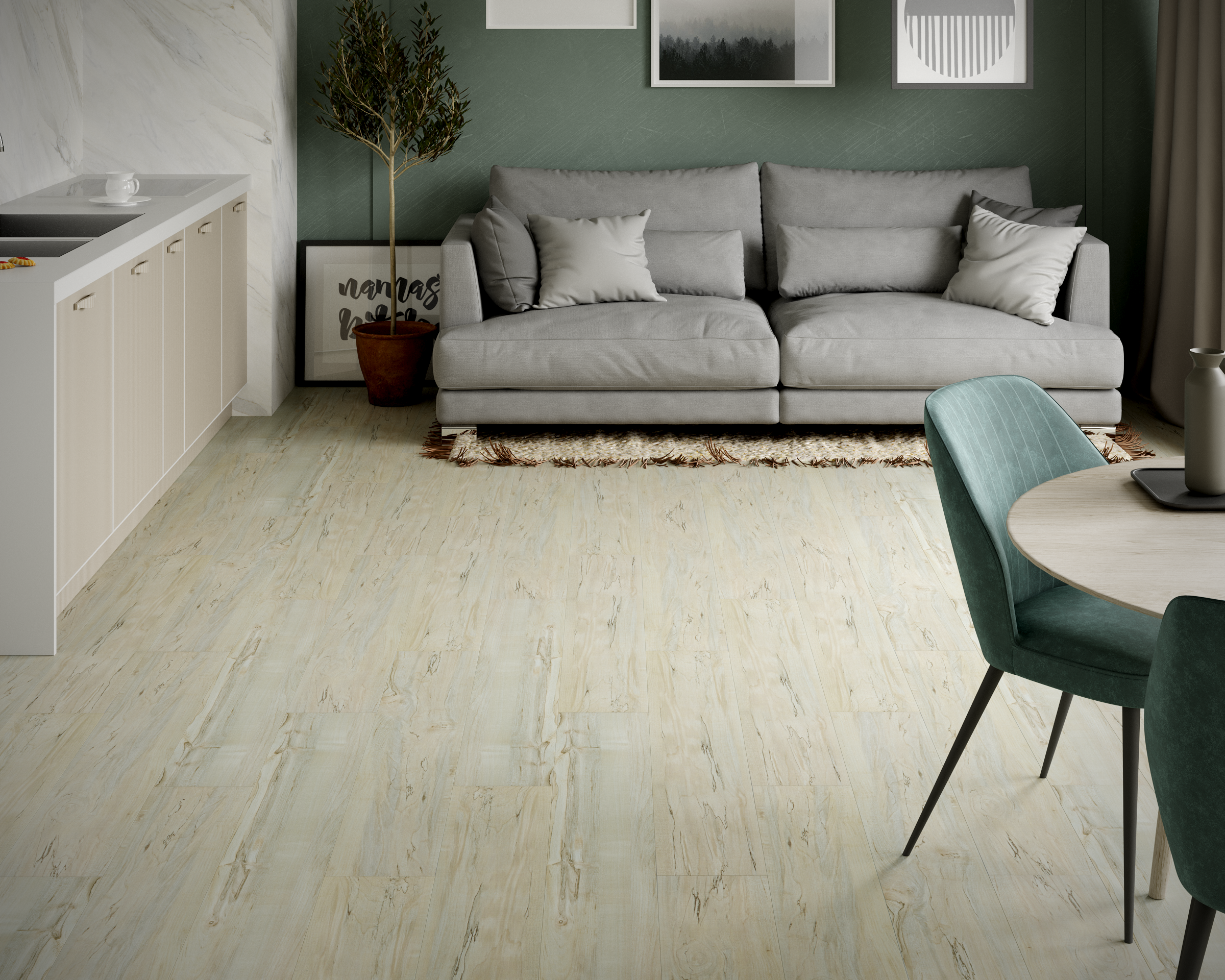 Кварцвиниловый SPC ламинат Art East Art Stone Optima Акация Лазурная APT 35-11 900×150×3,5 фото в интерьере