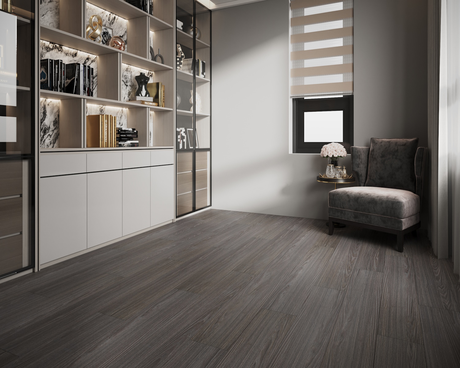 Кварцвиниловый SPC ламинат Art East Art Stone Armor Тик Сирокко ARM 84 1220×196×9 фото в интерьере