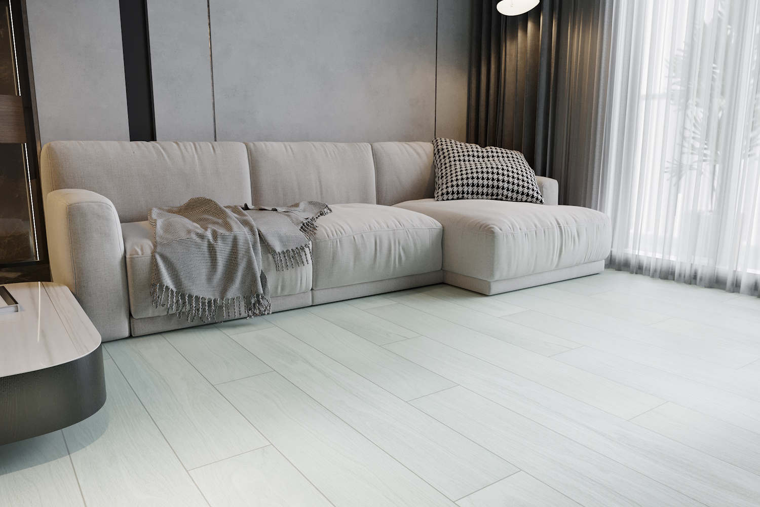 Кварцвиниловый SPC ламинат Art East Art Stone Armor Ясень Снежный ARM 85 1220×196×9 фото в интерьере