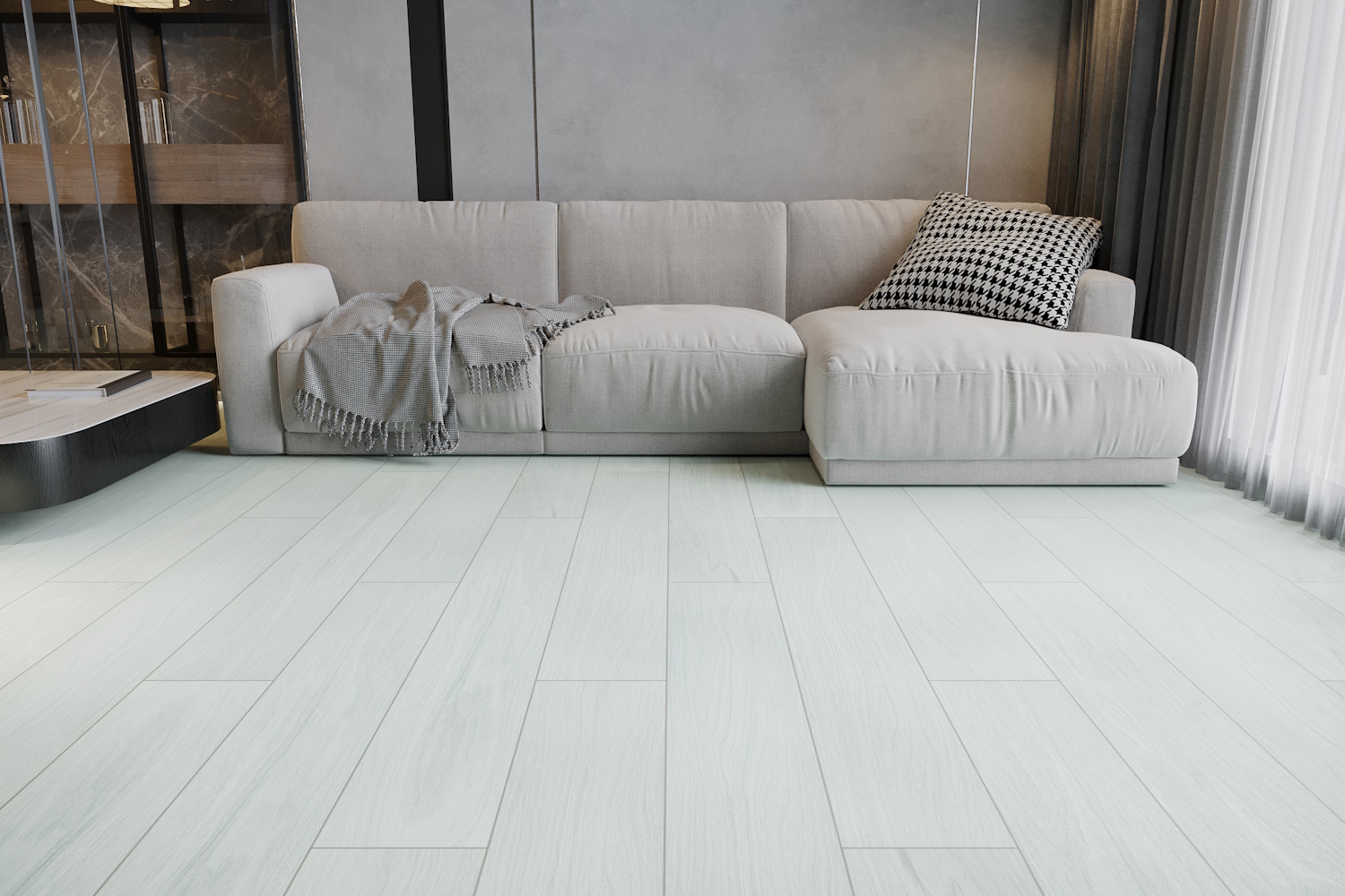 Кварцвиниловый SPC ламинат Art East Art Stone Armor Ясень Снежный ARM 85 1220×196×9 фото в интерьере