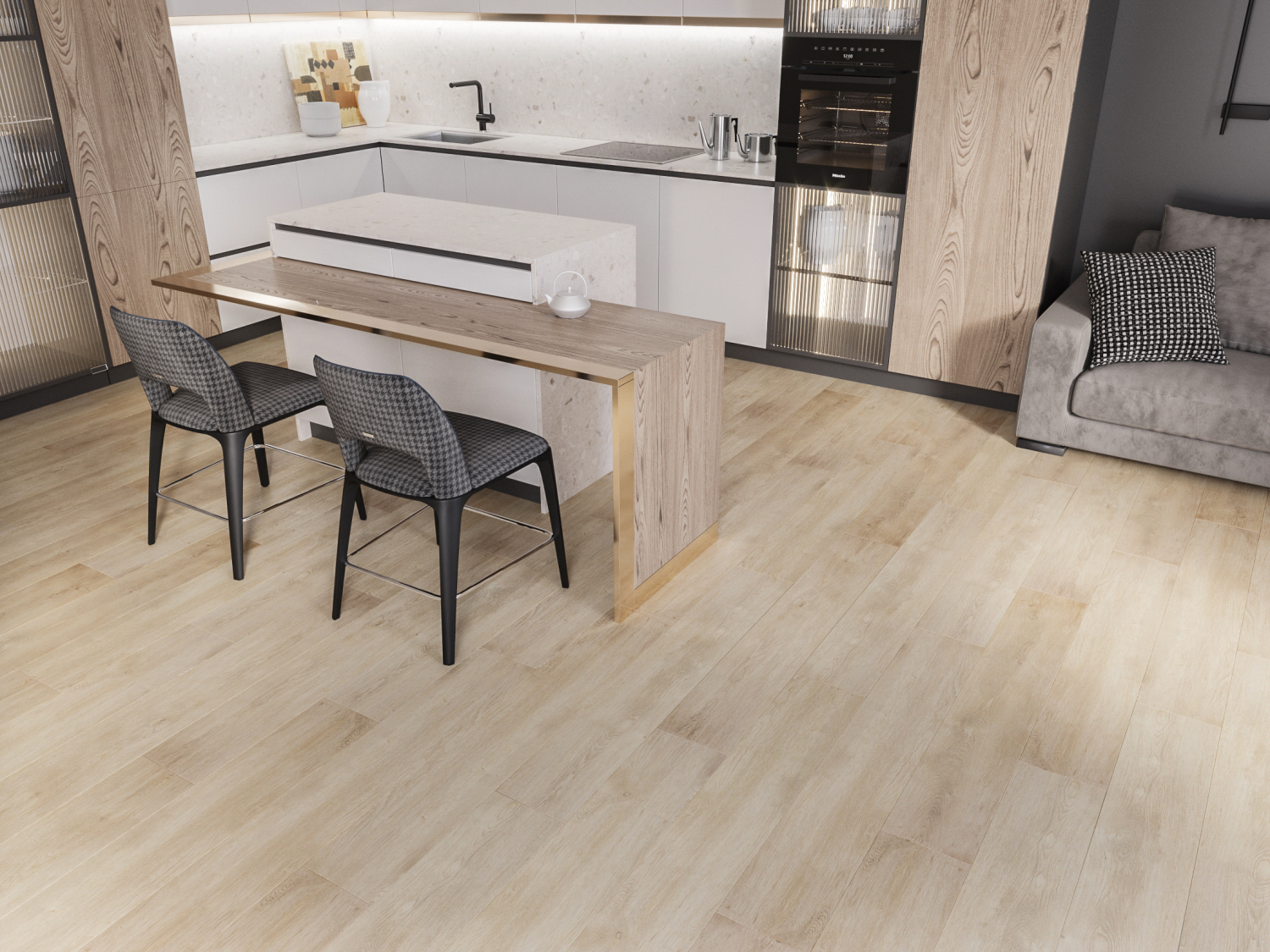 Кварцвиниловый SPC ламинат Art East Art Stone Armor Граб Емар ARM 91 1220×196×9 фото в интерьере