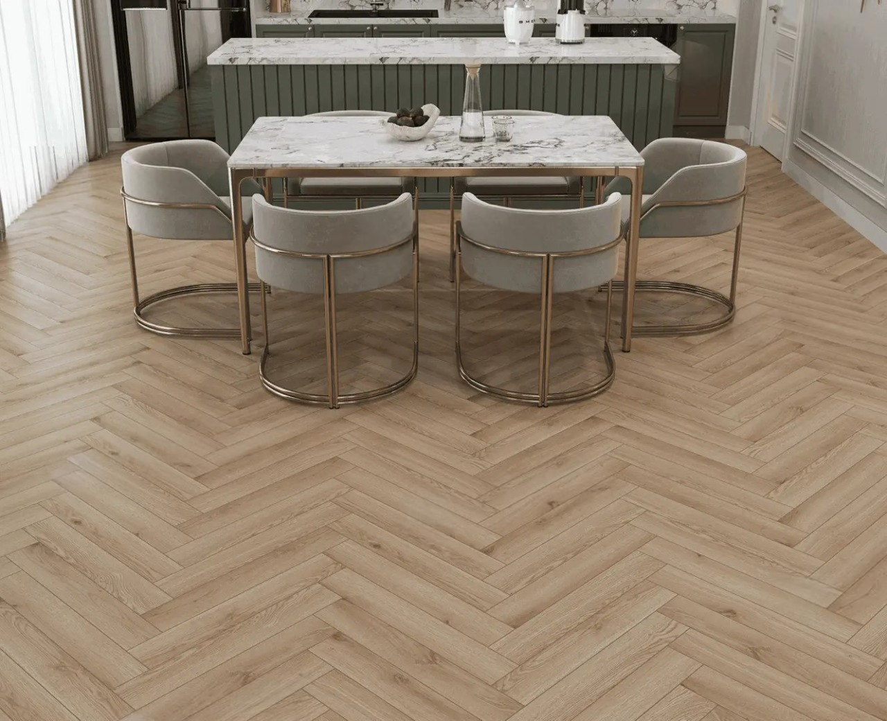 Ламинат Alpine Floor Herringbone 12 PRO New Дуб Артуа LF106-12 венгерская елка 606×101×12 фото в интерьере
