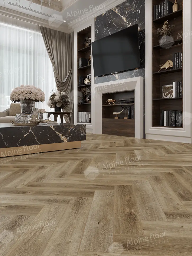 Кварцвиниловая плитка Alpine Floor клеевая Parquet LVT Дуб Целата ЕCО 16-35 венгерская елка 590×118×2,5 фото в интерьере