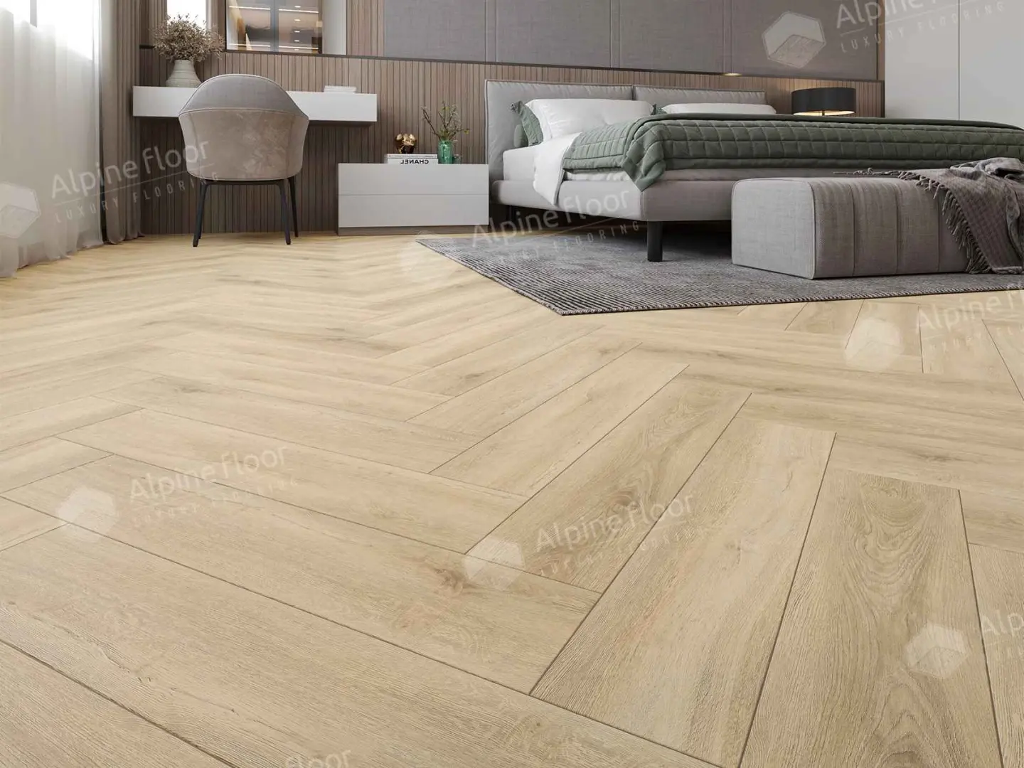 Кварцвиниловая плитка Alpine Floor клеевая Parquet LVT Дуб Ригель ЕCО 16-24 венгерская елка 590×118×2,5 фото в интерьере
