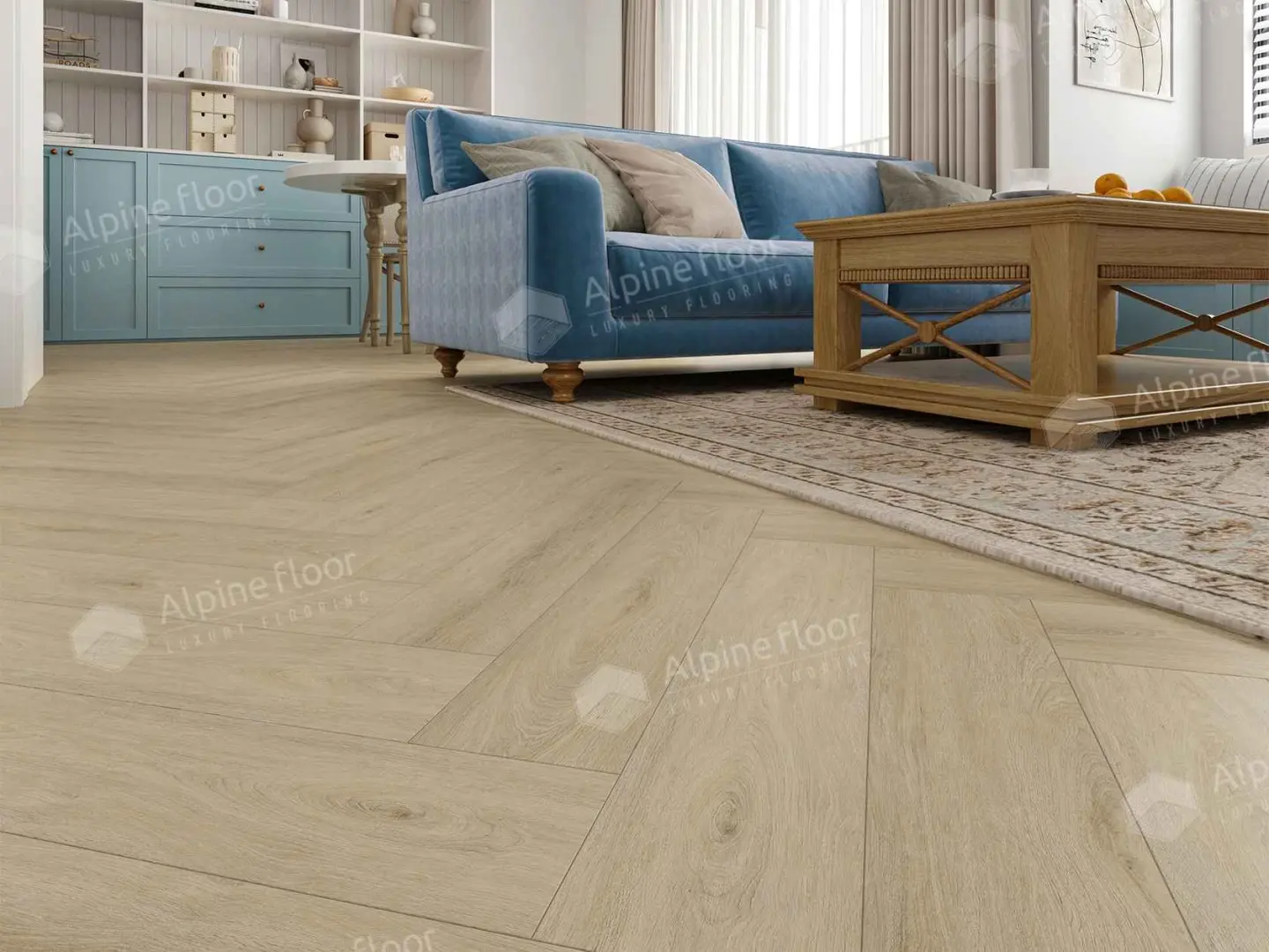 Кварцвиниловая плитка Alpine Floor клеевая Parquet LVT Дуб Денеб ЕCО 16-25 венгерская елка 590×118×2,5 фото в интерьере