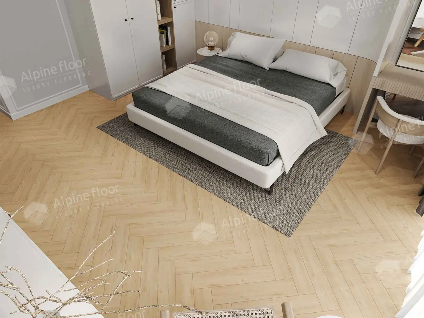 Кварцвиниловая плитка Alpine Floor клеевая Parquet LVT Дуб Лесат ЕCО 16-26 венгерская елка 590×118×2,5 фото в интерьере