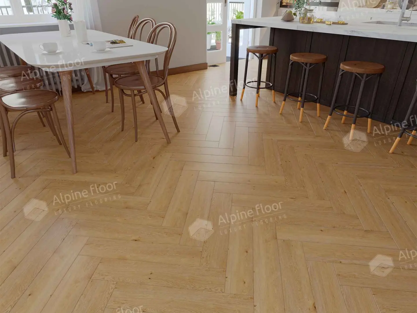 Кварцвиниловая плитка Alpine Floor клеевая Parquet LVT Дуб Хатиса ЕCО 16-27 венгерская елка 590×118×2,5 фото в интерьере