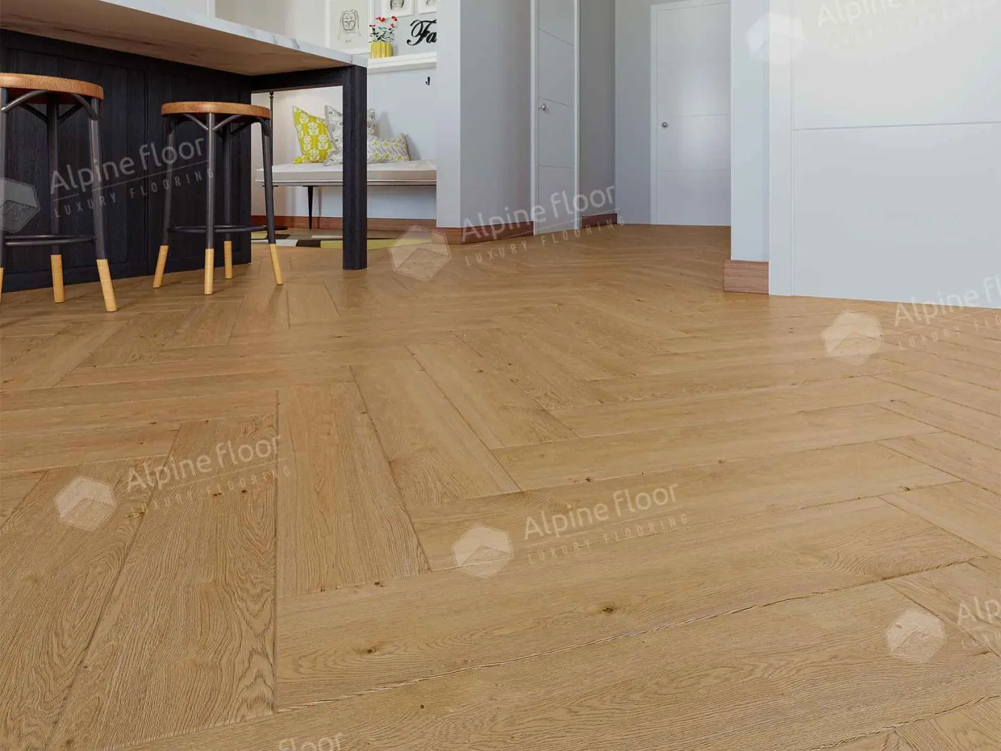 Кварцвиниловая плитка Alpine Floor клеевая Parquet LVT Дуб Хатиса ЕCО 16-27 венгерская елка 590×118×2,5 фото в интерьере