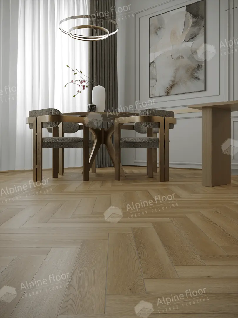 Кварцвиниловая плитка Alpine Floor клеевая Parquet LVT Дуб Поллукс ЕCО 16-28 венгерская елка 590×118×2,5 фото в интерьере