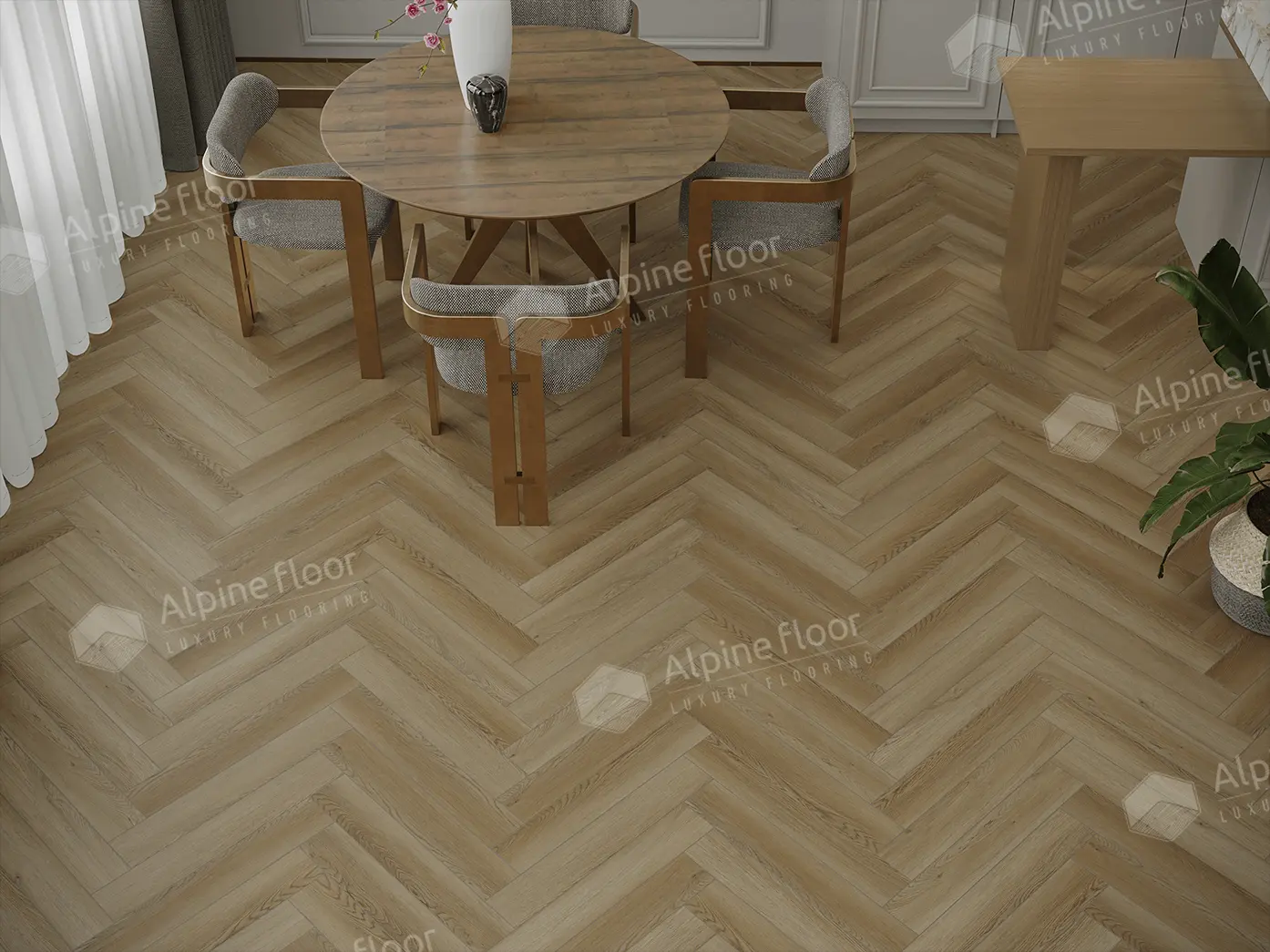 Кварцвиниловая плитка Alpine Floor клеевая Parquet LVT Дуб Поллукс ЕCО 16-28 венгерская елка 590×118×2,5 фото в интерьере