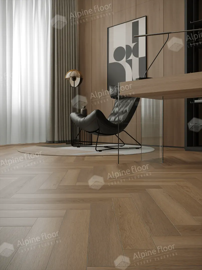 Кварцвиниловая плитка Alpine Floor клеевая Parquet LVT Дуб Батейн ЕCО 16-29 венгерская елка 590×118×2,5 фото в интерьере