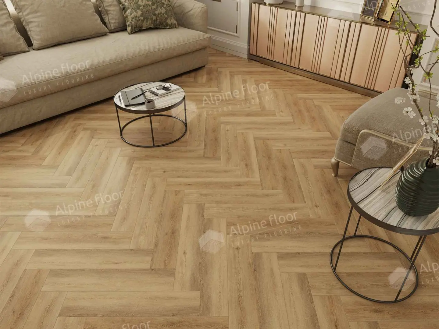 Кварцвиниловая плитка Alpine Floor клеевая Parquet LVT Дуб Буна ЕCО 16-30 венгерская елка 590×118×2,5 фото в интерьере