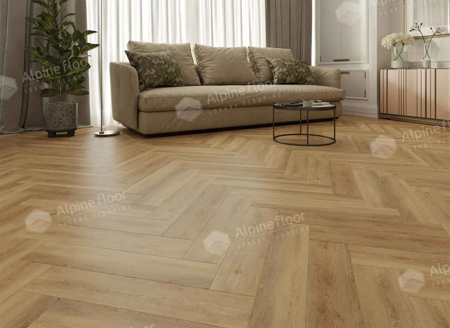 Кварцвиниловая плитка Alpine Floor клеевая Parquet LVT Дуб Буна ЕCО 16-30 венгерская елка 590×118×2,5 фото в интерьере