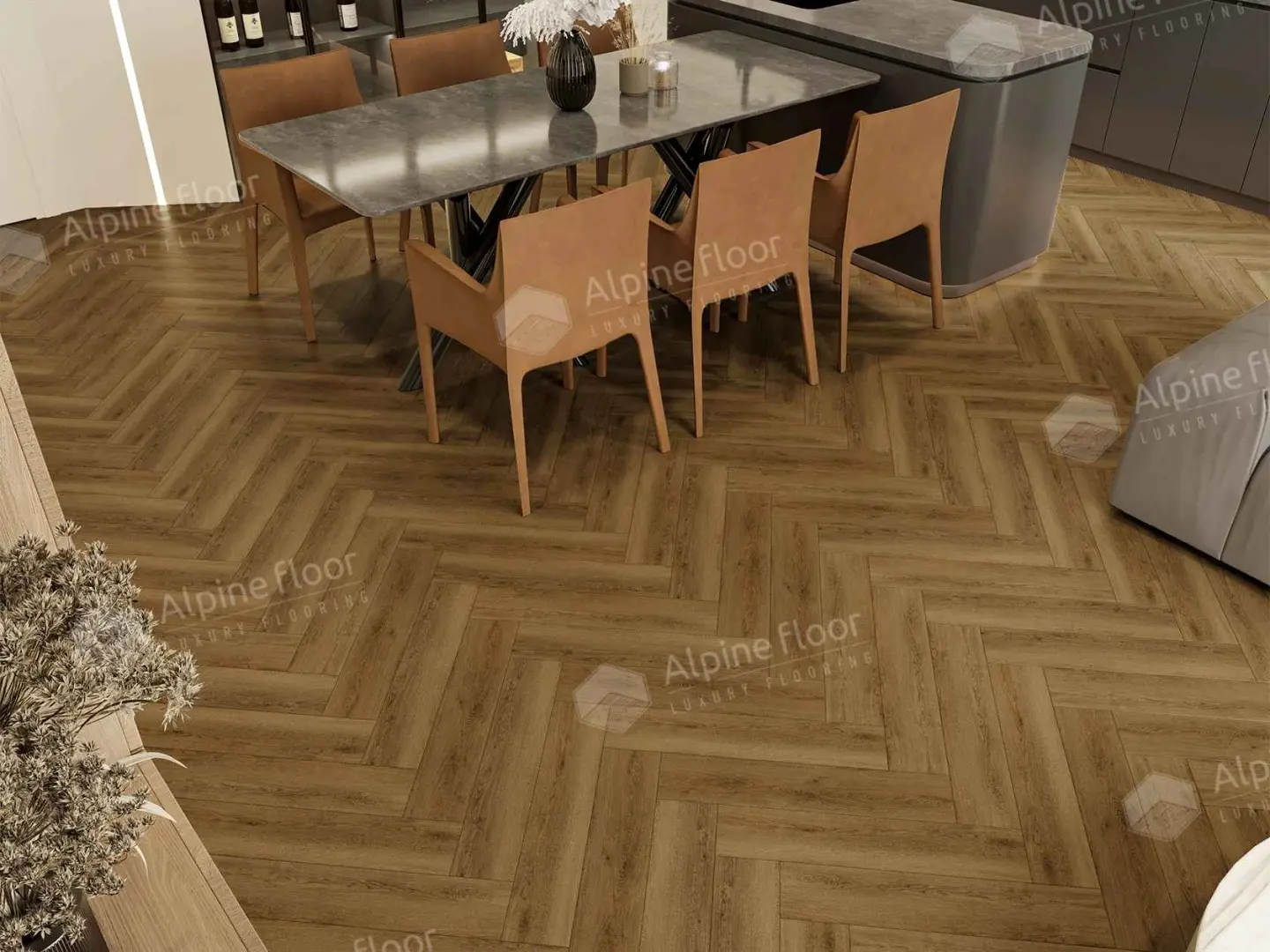 Кварцвиниловая плитка Alpine Floor клеевая Parquet LVT Дуб Капелла ЕCО 16-31 венгерская елка 590×118×2,5 фото в интерьере