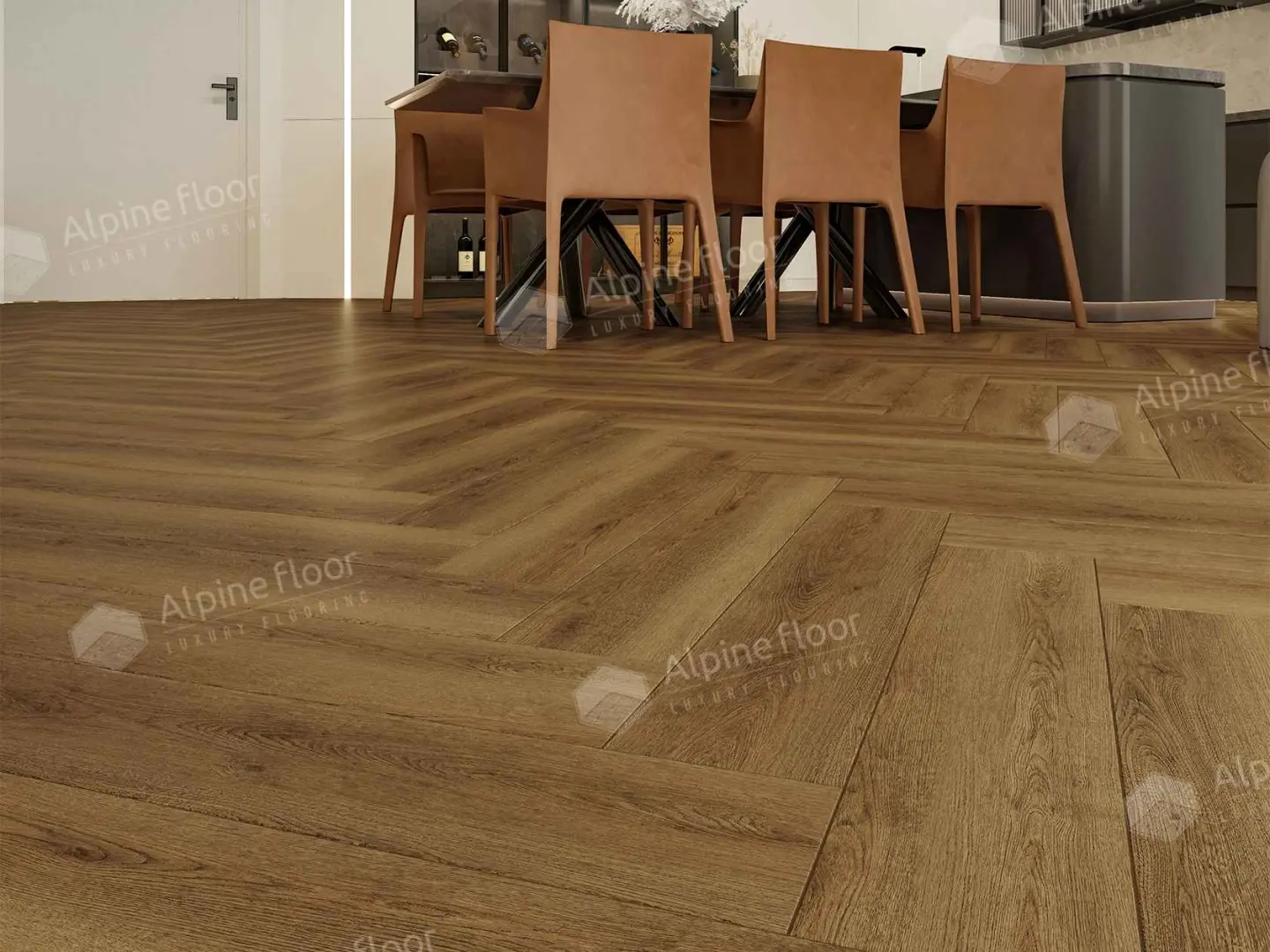 Кварцвиниловая плитка Alpine Floor клеевая Parquet LVT Дуб Капелла ЕCО 16-31 венгерская елка 590×118×2,5 фото в интерьере