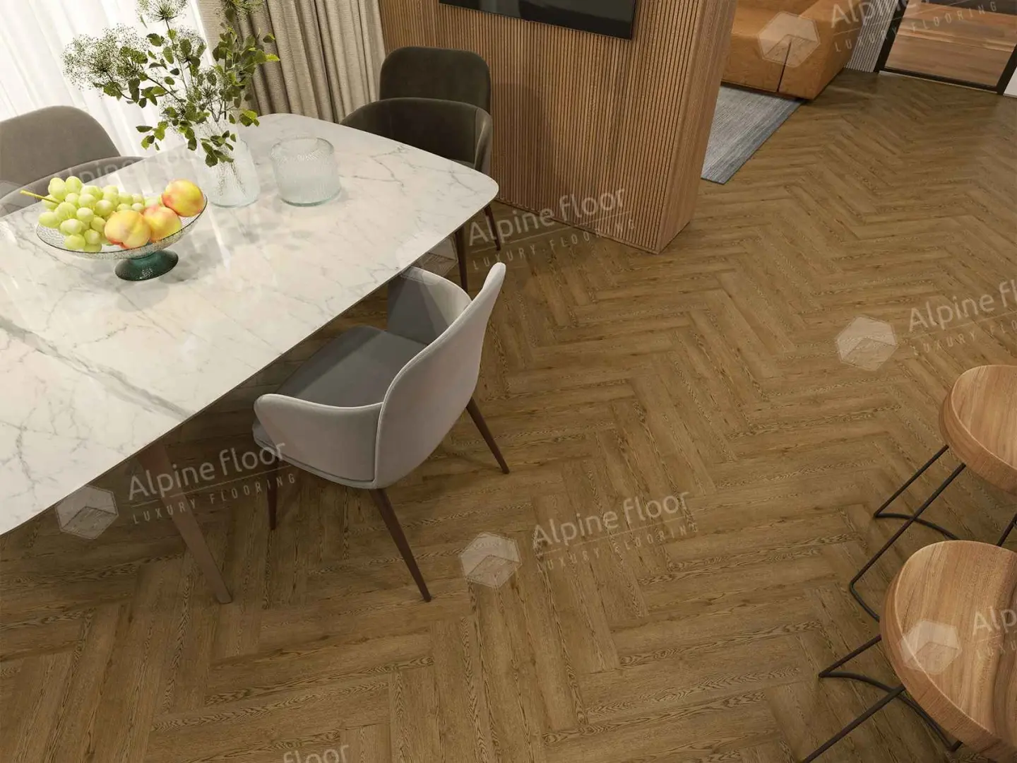 Кварцвиниловая плитка Alpine Floor клеевая Parquet LVT Дуб Селена ЕCО 16-32 венгерская елка 590×118×2,5 фото в интерьере