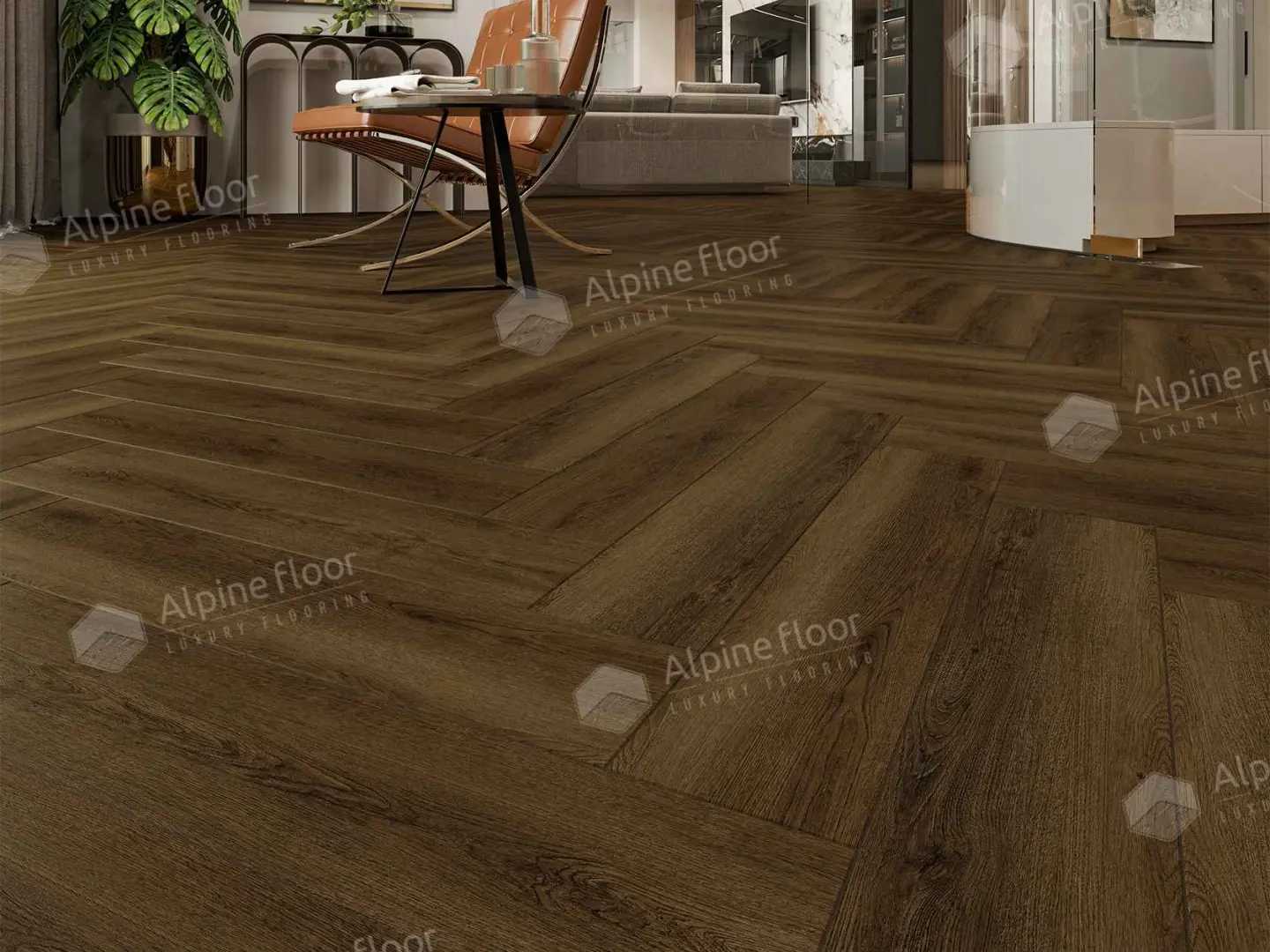 Кварцвиниловая плитка Alpine Floor клеевая Parquet LVT Дуб Далим ЕCО 16-33 венгерская елка 590×118×2,5 фото в интерьере