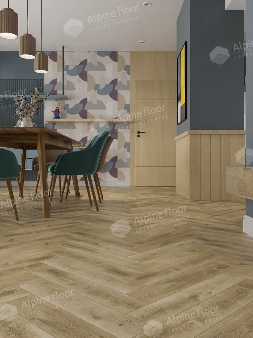 Кварцвиниловая плитка Alpine Floor клеевая Parquet LVT Дуб Кастор ЕCО 16-34 венгерская елка 590×118×2,5 фото в интерьере