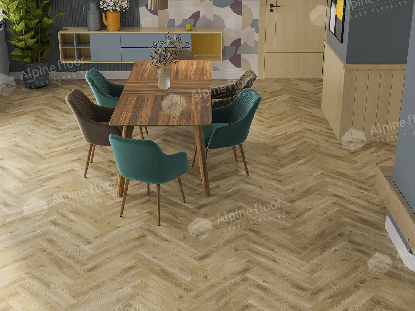 Кварцвиниловая плитка Alpine Floor клеевая Parquet LVT Дуб Кастор ЕCО 16-34 венгерская елка 590×118×2,5 фото в интерьере