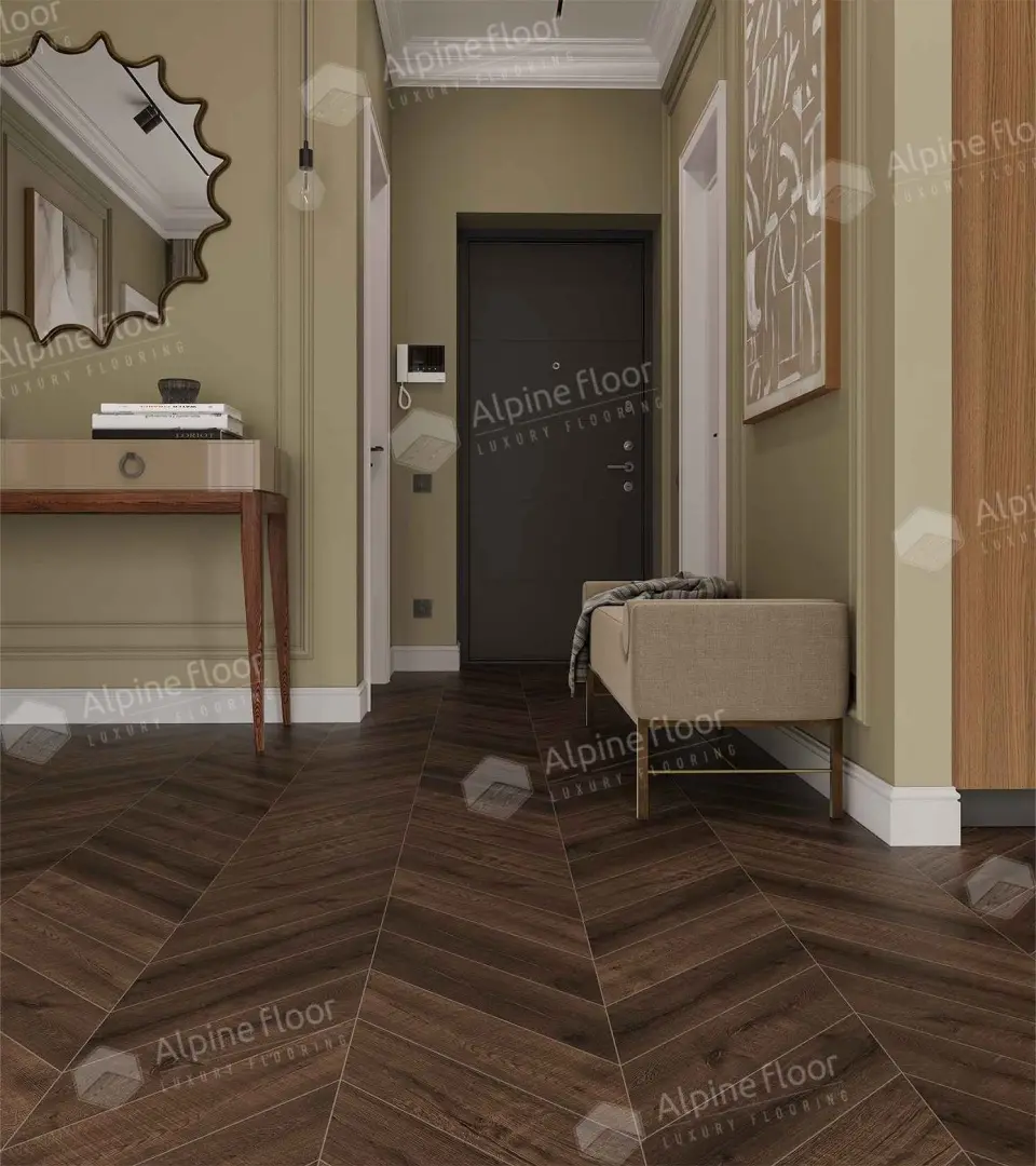 Кварцвиниловый SPC ламинат Alpine Floor Chevron Alpine Дуб Мокка ECO 18-12 французская елка 600×127×5 фото в интерьере