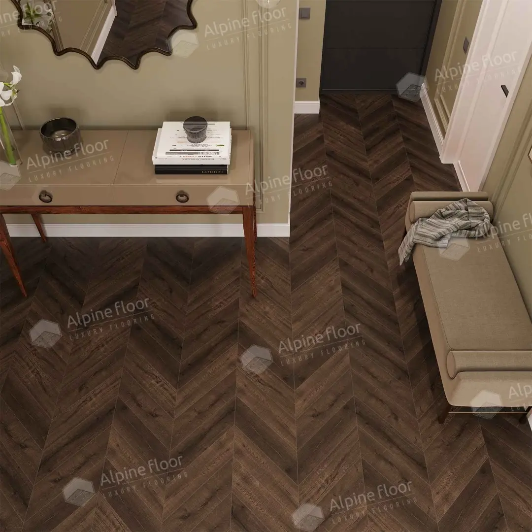 Кварцвиниловый SPC ламинат Alpine Floor Chevron Alpine Дуб Мокка ECO 18-12 французская елка 600×127×5 фото в интерьере