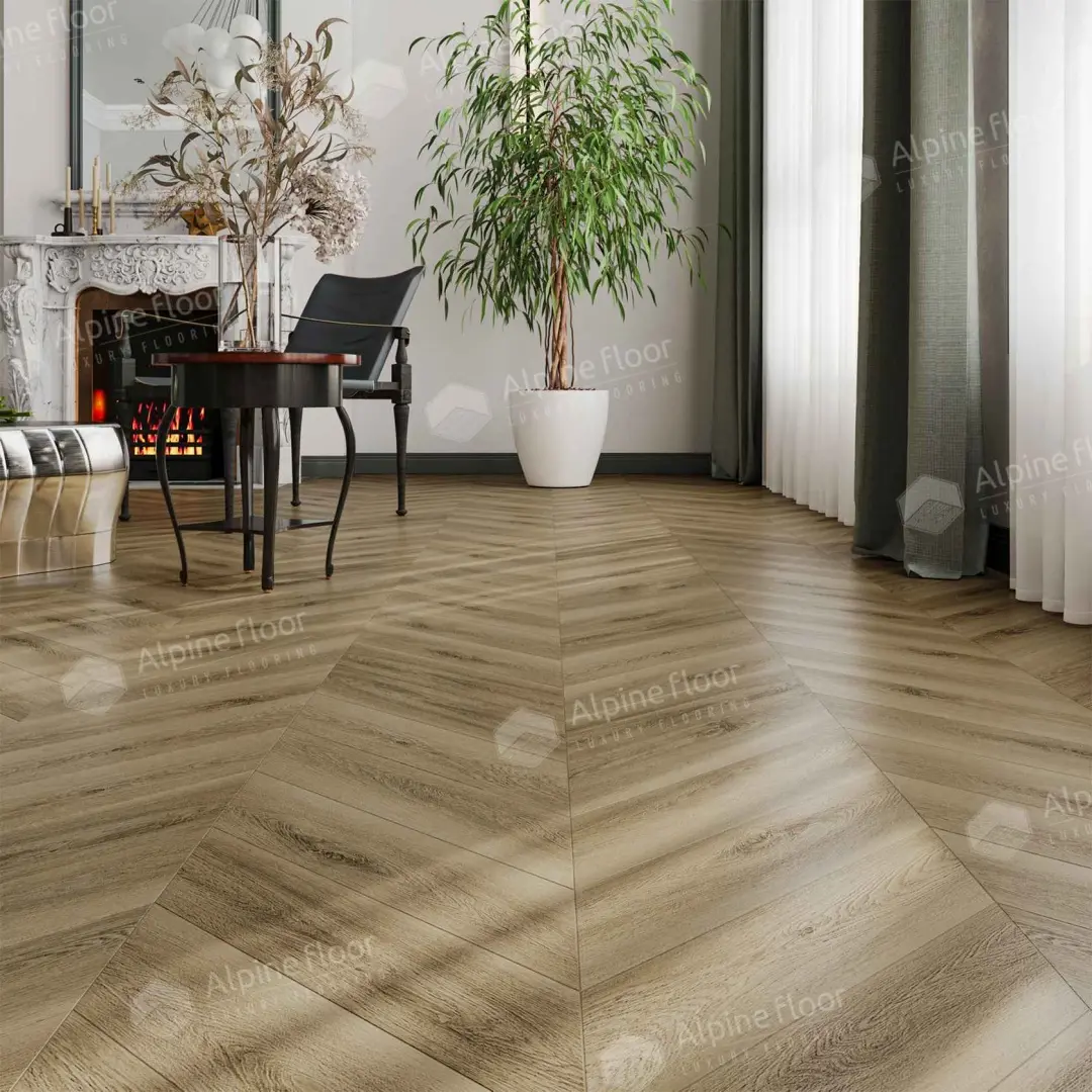 Кварцвиниловый SPC ламинат Alpine Floor Chevron Alpine Вайпуа ECO 18-14 французская елка 600×127×5 фото в интерьере