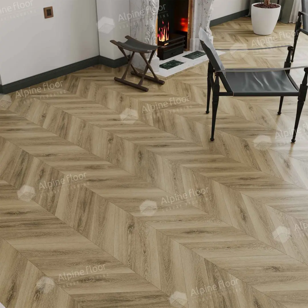 Кварцвиниловый SPC ламинат Alpine Floor Chevron Alpine Вайпуа ECO 18-14 французская елка 600×127×5 фото в интерьере
