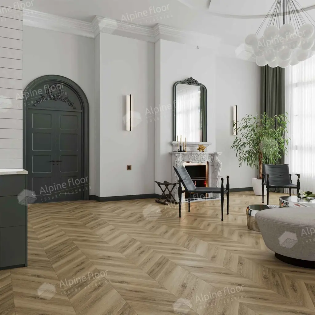 Кварцвиниловый SPC ламинат Alpine Floor Chevron Alpine Вайпуа ECO 18-14 французская елка 600×127×5 фото в интерьере