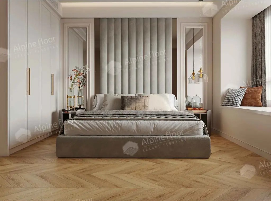 Кварцвиниловый SPC ламинат Alpine Floor Chevron Alpine Дуб Буна ECO 18-15 французская елка 600×127×5 фото в интерьере