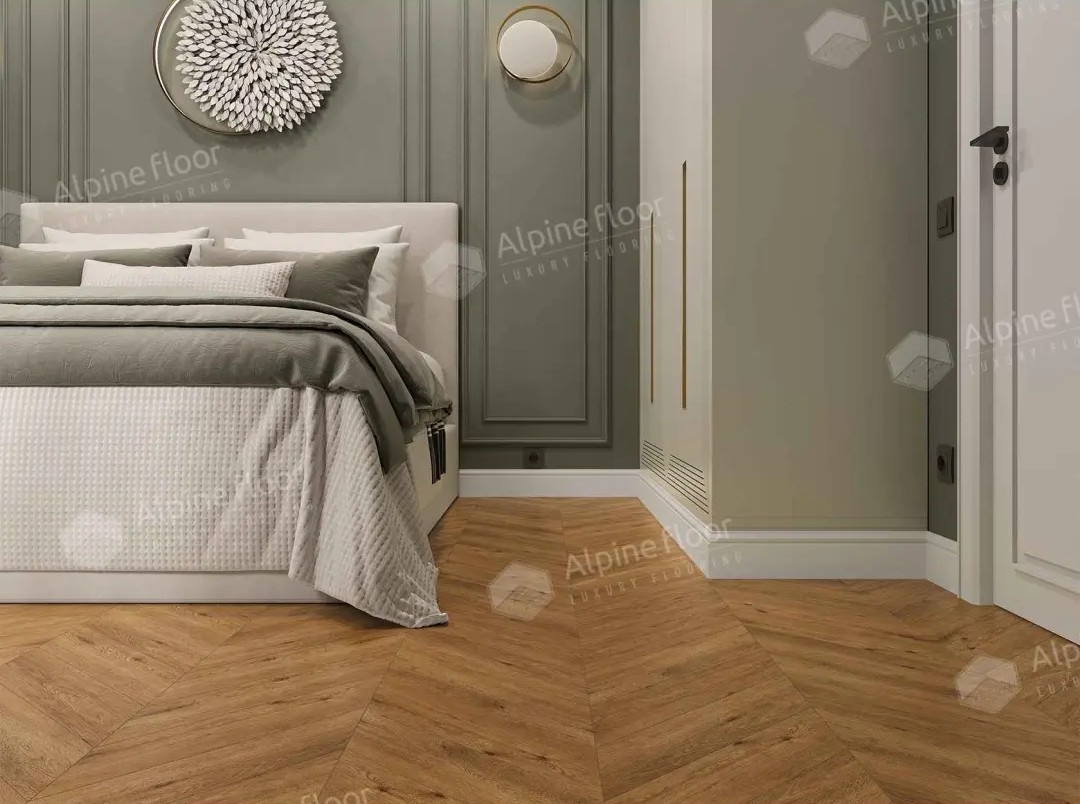 Кварцвиниловый SPC ламинат Alpine Floor Chevron Alpine Tesoro ECO 18-16 французская елка 600×127×5 фото в интерьере