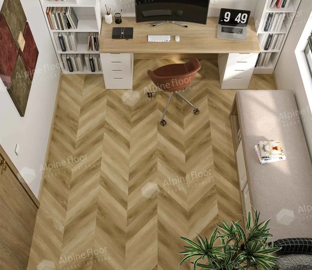 Кварцвиниловый SPC ламинат Alpine Floor Chevron Alpine Grazioso ECO 18-17 французская елка 600×127×5 фото в интерьере