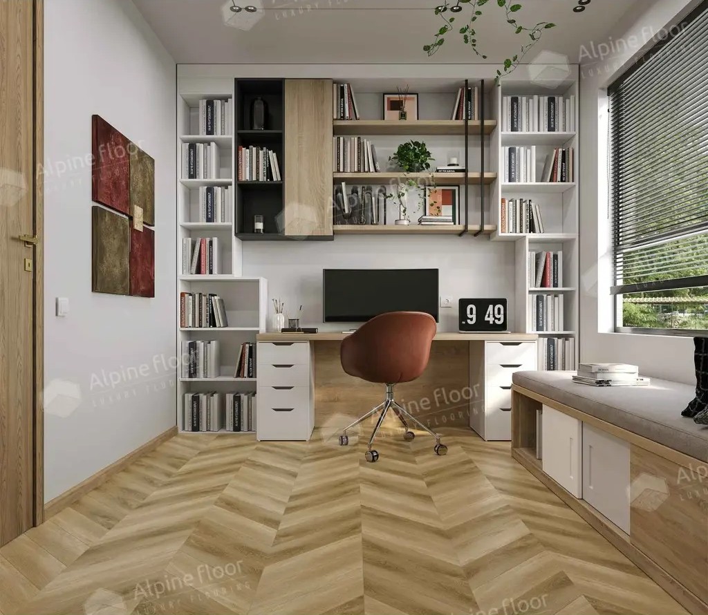 Кварцвиниловый SPC ламинат Alpine Floor Chevron Alpine Grazioso ECO 18-17 французская елка 600×127×5 фото в интерьере
