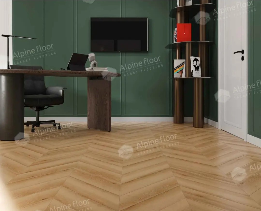 Кварцвиниловый SPC ламинат Alpine Floor Chevron Alpine Дуб Самерсет ECO 18-19 французская елка 600×127×5 фото в интерьере