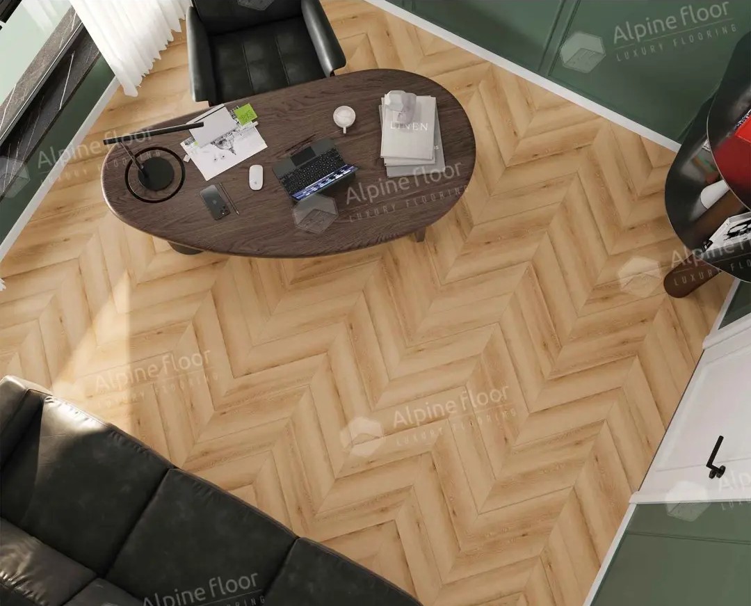 Кварцвиниловый SPC ламинат Alpine Floor Chevron Alpine Дуб Самерсет ECO 18-19 французская елка 600×127×5 фото в интерьере