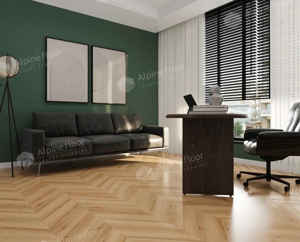Кварцвиниловый SPC ламинат Alpine Floor Chevron Alpine Дуб Самерсет ECO 18-19 французская елка 600×127×5 фото в интерьере