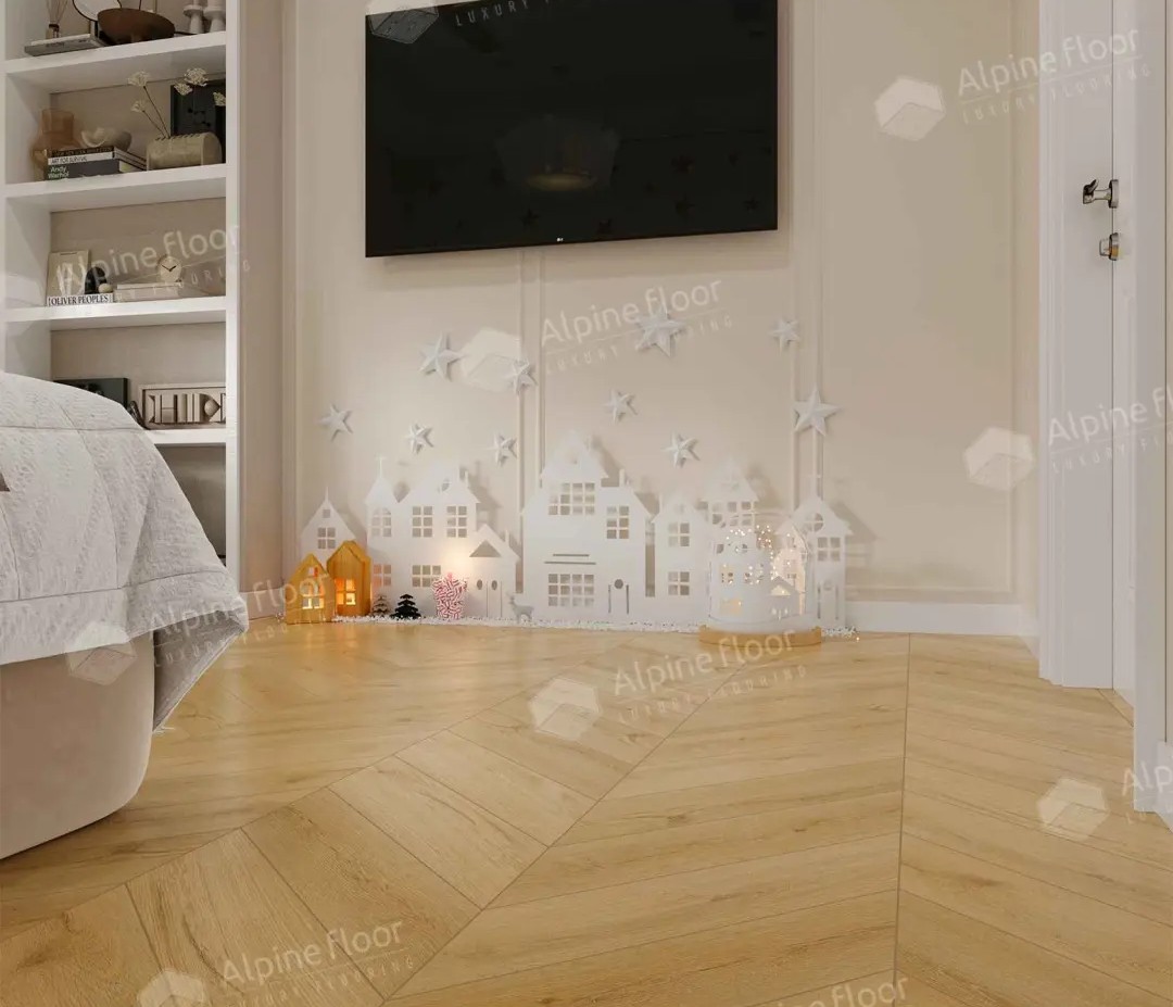 Кварцвиниловый SPC ламинат Alpine Floor Chevron Alpine Caldo ECO 18-20 французская елка 600×127×5 фото в интерьере