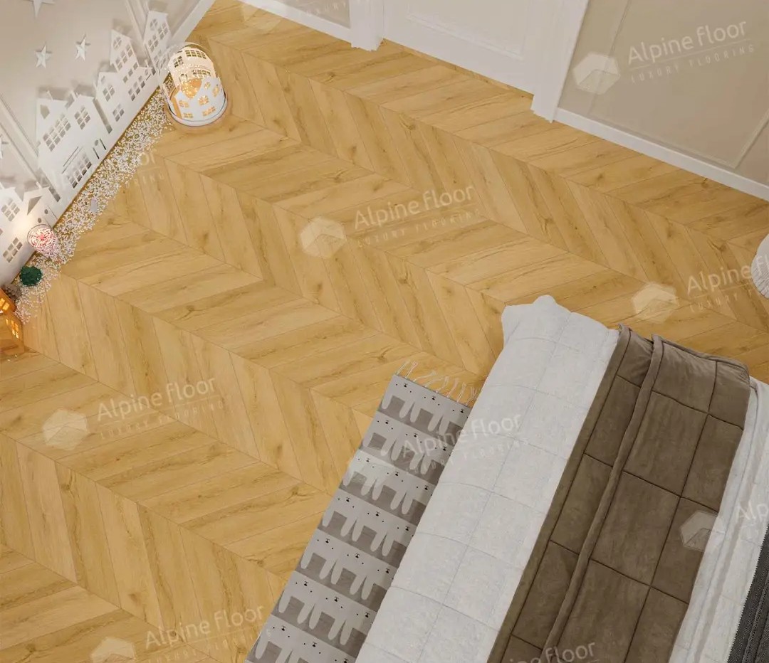 Кварцвиниловый SPC ламинат Alpine Floor Chevron Alpine Caldo ECO 18-20 французская елка 600×127×5 фото в интерьере