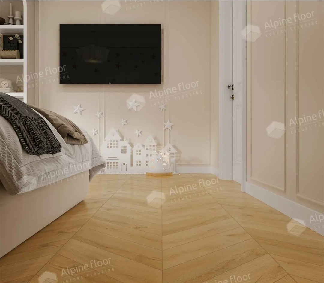 Кварцвиниловый SPC ламинат Alpine Floor Chevron Alpine Caldo ECO 18-20 французская елка 600×127×5 фото в интерьере