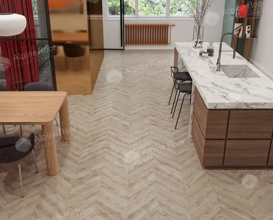 Кварцвиниловый SPC ламинат Alpine Floor Chevron Alpine Гикори ECO 18-21 французская елка 600×127×5 фото в интерьере